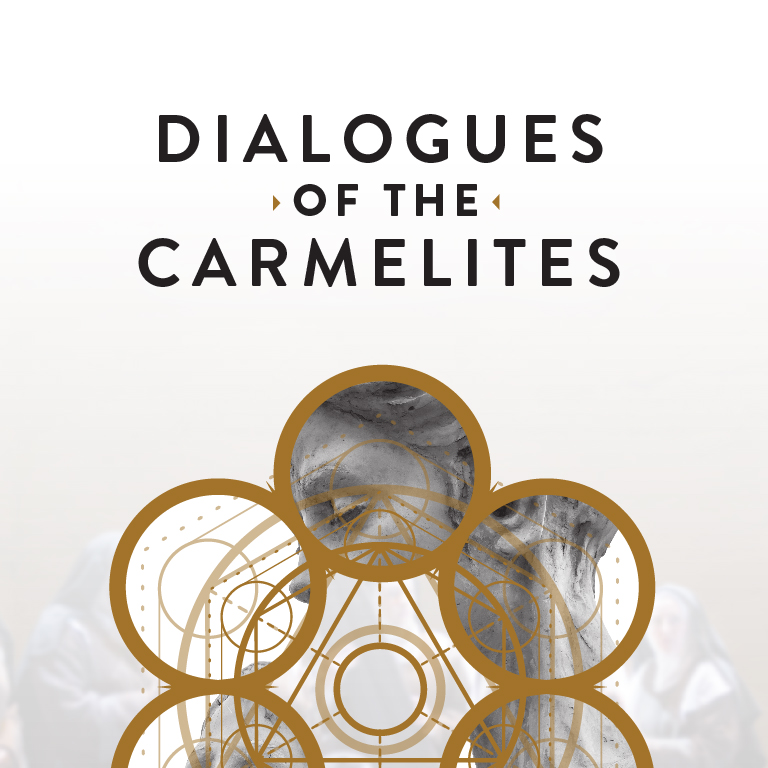 An abstract image of a woman with golden rings in the foreground. The words Dialogues of the Carmelites appear.
