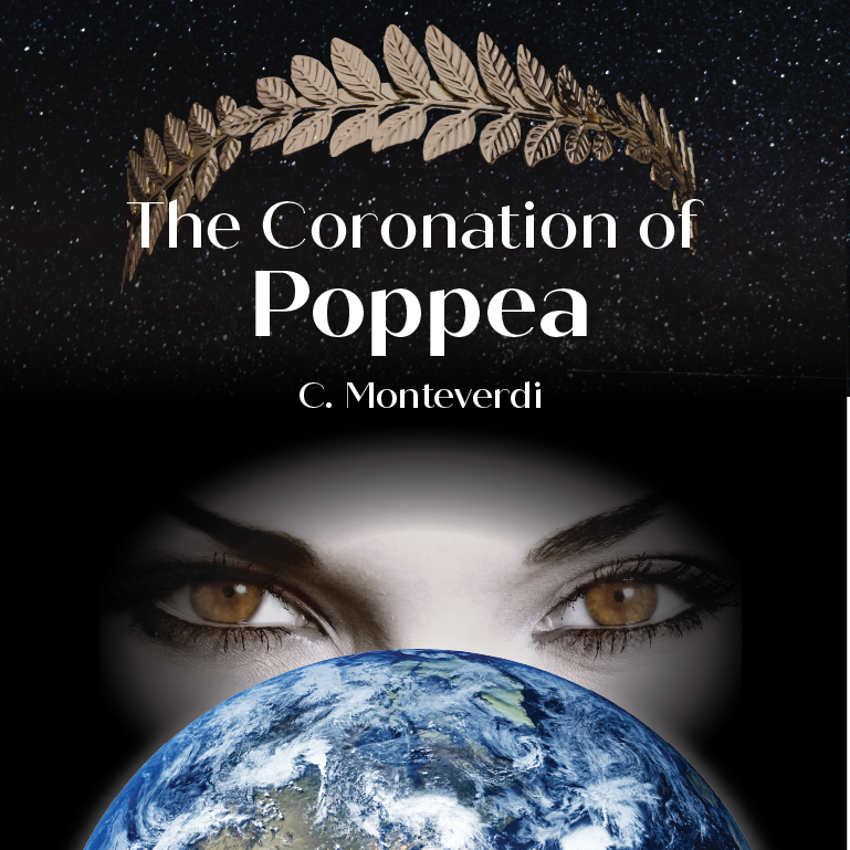 Woman's eyes highlighted with crown above her and the world below.