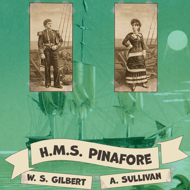 Vintage portraits of man and woman with image of ship in the background.
