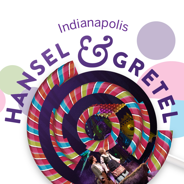 An abstract lollipop hovers over two children. The words Indianapolis Hansel and Gretel appear.