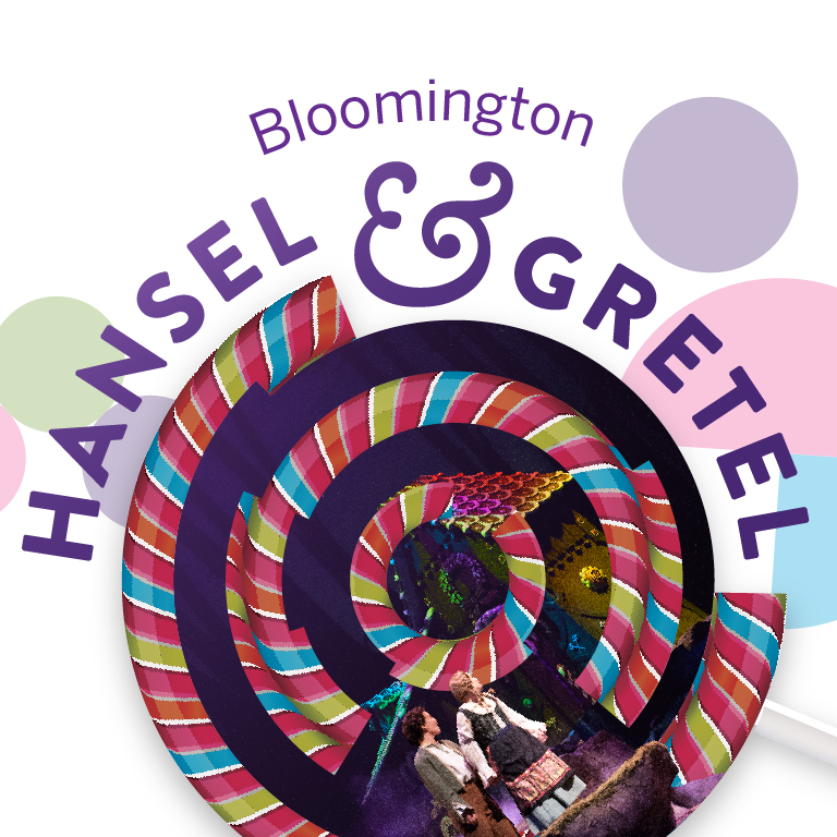 An abstract lollipop hovers over two children. The words Bloomington Hansel and Gretel appear.
