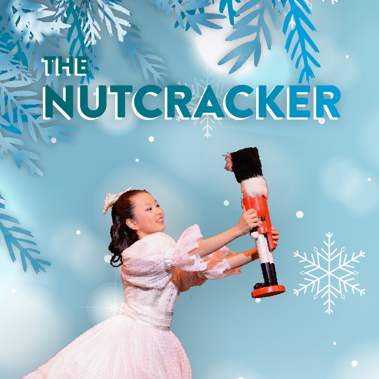 A girl in a party dress holds a nutcracker. The words The Nutcracker appear.