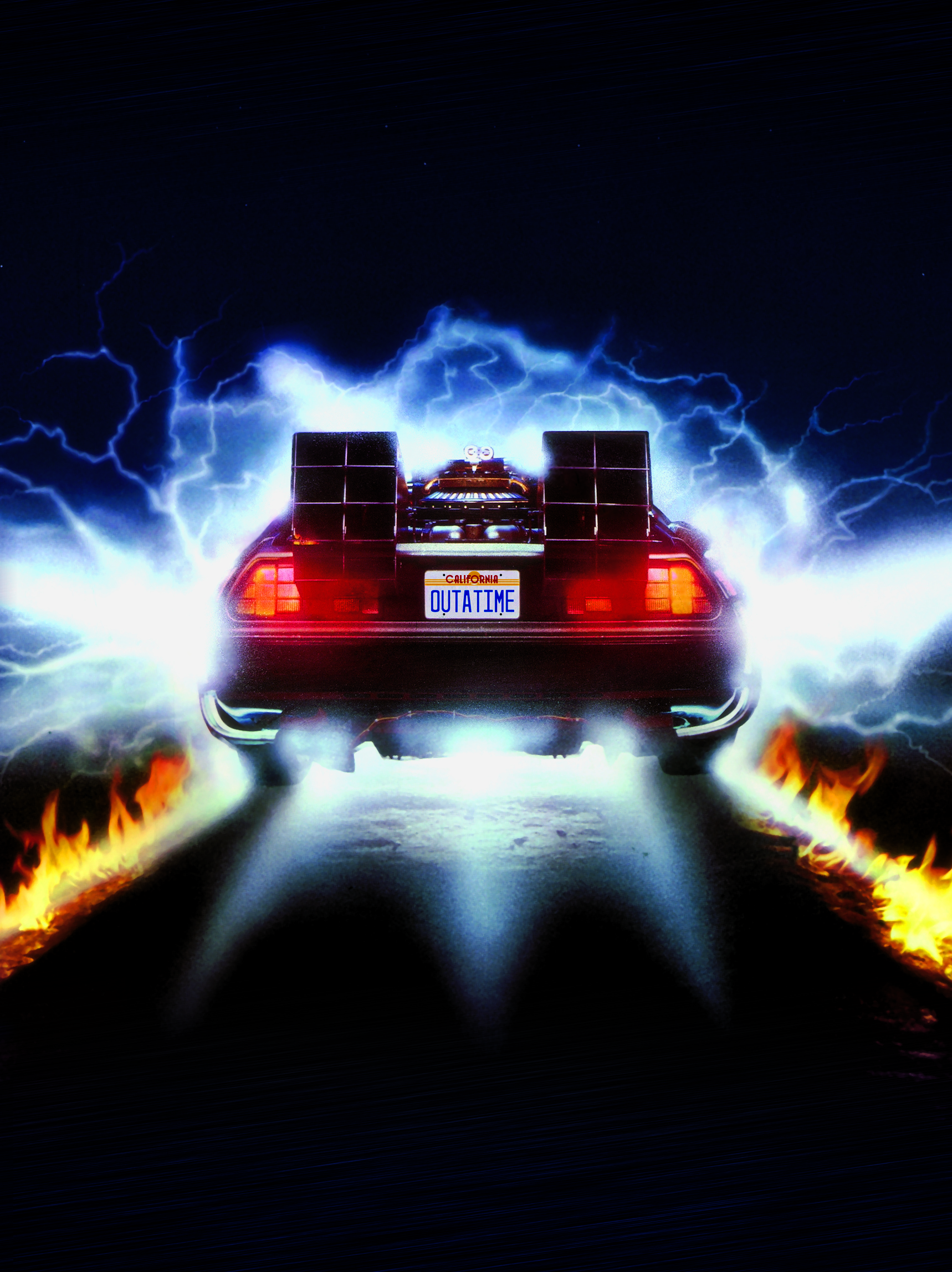 Back to the Future poster featuring the back of the DeLorean and its license plate saying "OUTATIME"