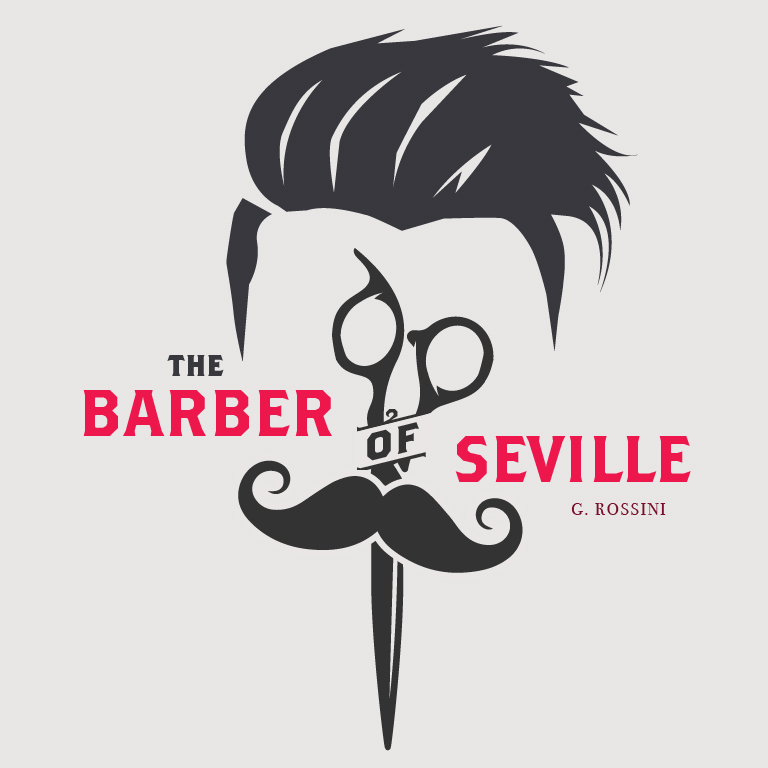 Title Art for The Barber of Seville, written by G. Rossini. Image of Barber face created with scissors representing the eyes, nose, and mouth.