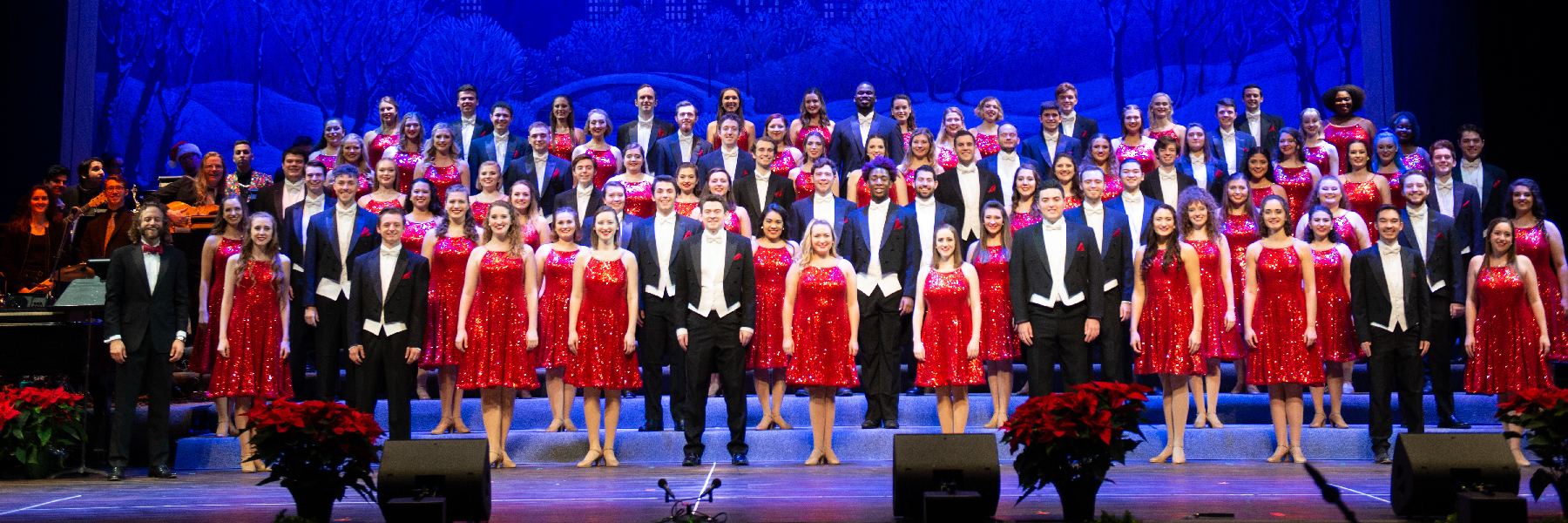 Image of the Singing Hoosiers full ensemble on the Musical Arts Stage during the 2019 Chimes of Christmas concert. 