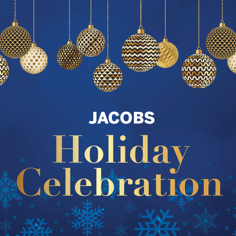 Title Art for Jacobs Holiday Celebration with sparkling ornaments hanging from the top of the image.