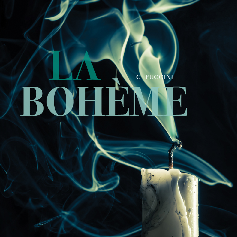 Title Art for La Boheme, written by G. Puccini. Image of candle with smoke curling off the page on a dark background.