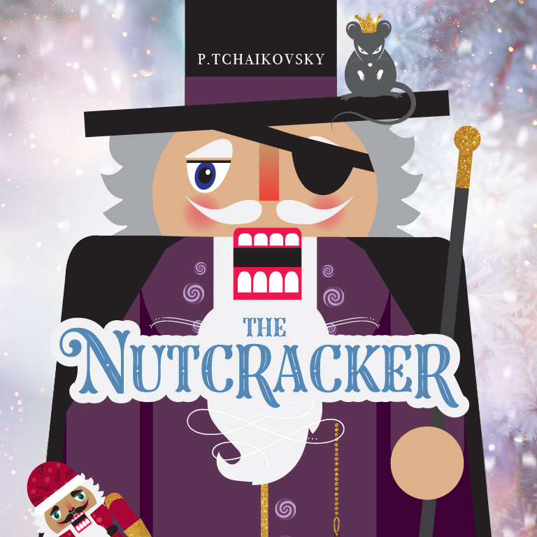 Title Art for The Nutcracker, written by P. Tchaikovsky. Image of a nutcracker with a white beard and mustache, and a patch over his eye. The rat king is sitting on the brim of his hat looking angry.