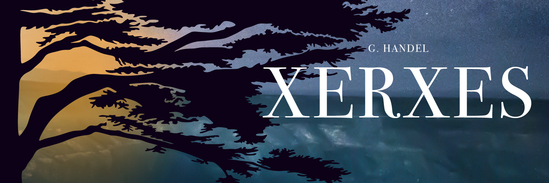 Title Art for Xerxes, written by G. Handel. Evening image of a coast with cliffs, a boat approaching the shore, and a large tree silhouette in the foreground.