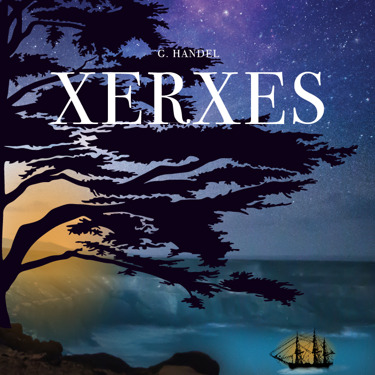 Title Art for Xerxes, written by G. Handel. Evening image of a coast with cliffs, a boat approaching the shore, and a large tree silhouette in the foreground.